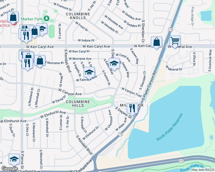 map of restaurants, bars, coffee shops, grocery stores, and more near 7781 South Fenton Street in Littleton