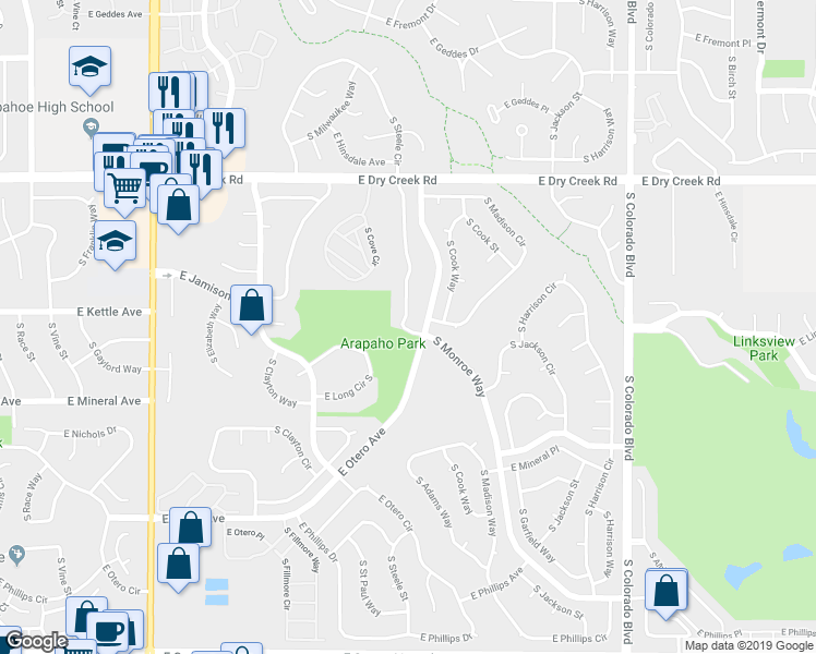map of restaurants, bars, coffee shops, grocery stores, and more near 7788 South Steele Street in Centennial
