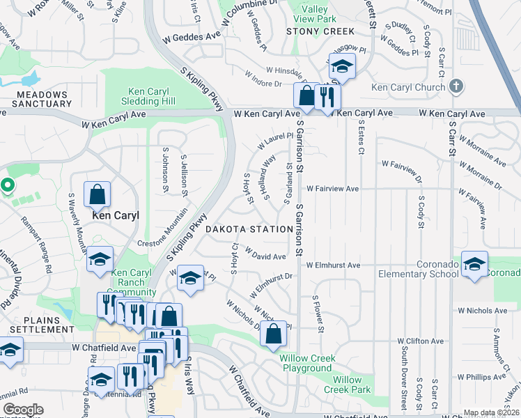 map of restaurants, bars, coffee shops, grocery stores, and more near 9520 West Fairview Avenue in Littleton