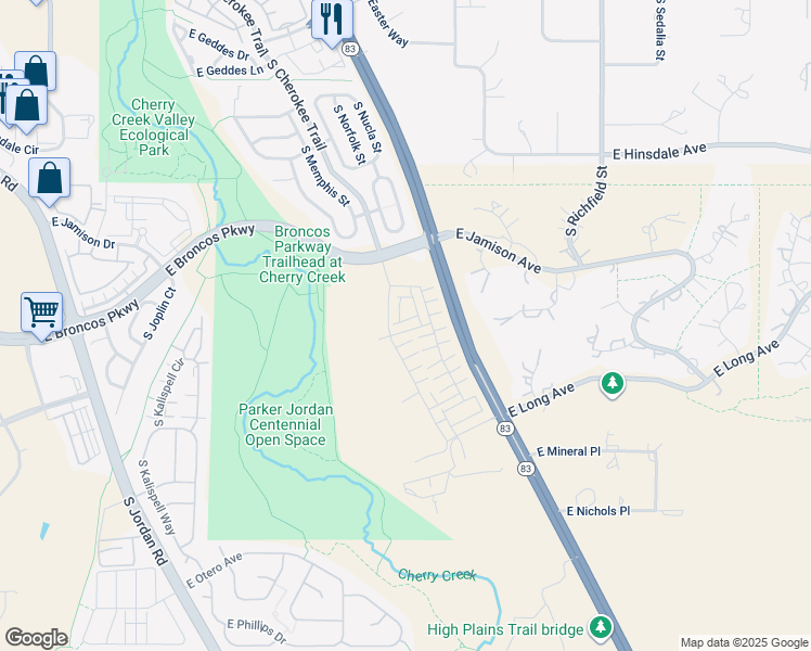 map of restaurants, bars, coffee shops, grocery stores, and more near 7711 South Parker Road in Aurora