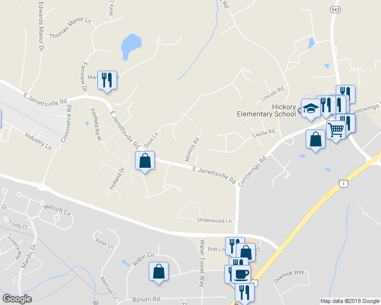 map of restaurants, bars, coffee shops, grocery stores, and more near 504 East Jarrettsville Road in Forest Hill