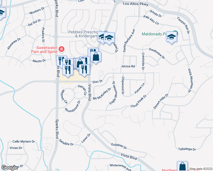 map of restaurants, bars, coffee shops, grocery stores, and more near 4585 Mount McKinley Drive in Sparks