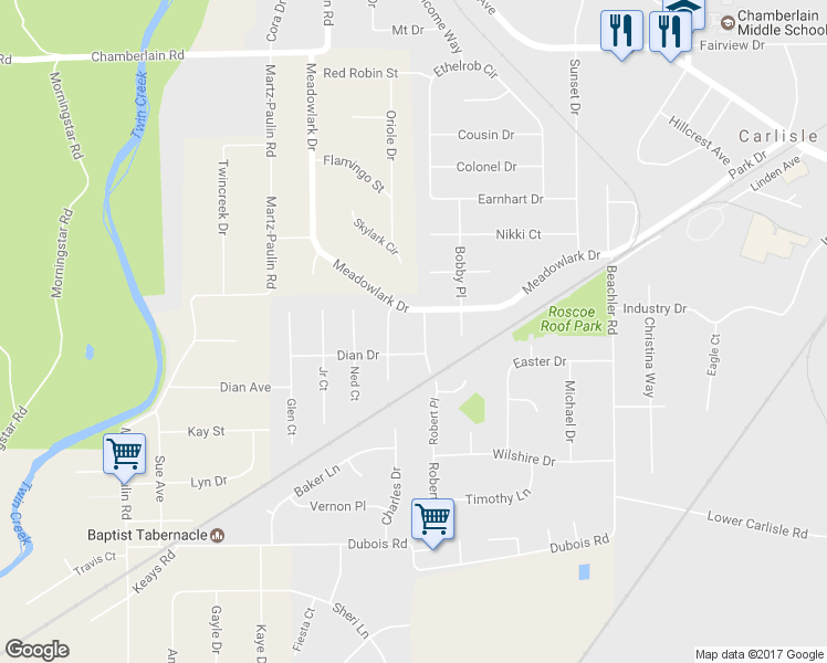 map of restaurants, bars, coffee shops, grocery stores, and more near 8437 Robert Place in Carlisle