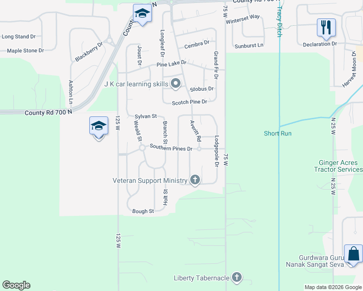 map of restaurants, bars, coffee shops, grocery stores, and more near 3043 Limber Pine Drive in Whiteland