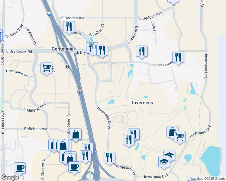 map of restaurants, bars, coffee shops, grocery stores, and more near 7877 Vallagio Lane in Englewood