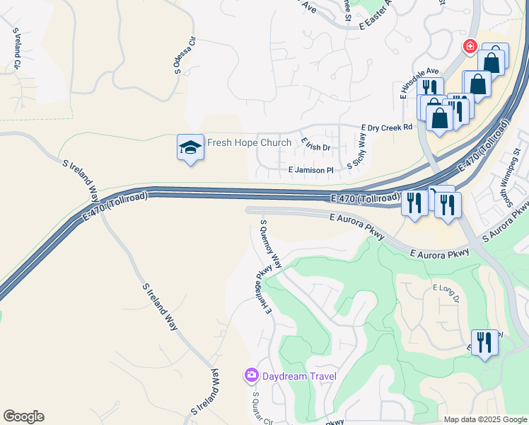 map of restaurants, bars, coffee shops, grocery stores, and more near 21758 East Aurora Parkway in Aurora