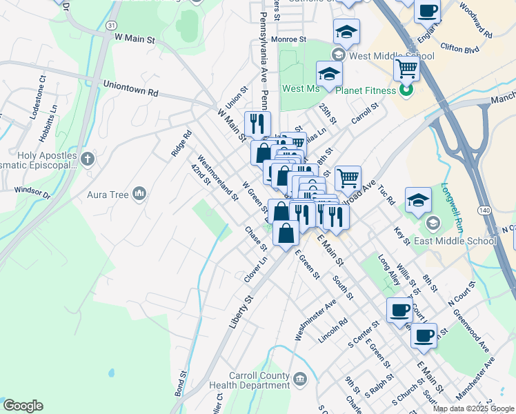 map of restaurants, bars, coffee shops, grocery stores, and more near 39 West Green Street in Westminster