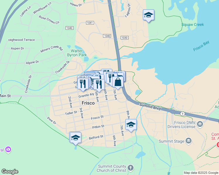 map of restaurants, bars, coffee shops, grocery stores, and more near 107 6th Avenue in Frisco