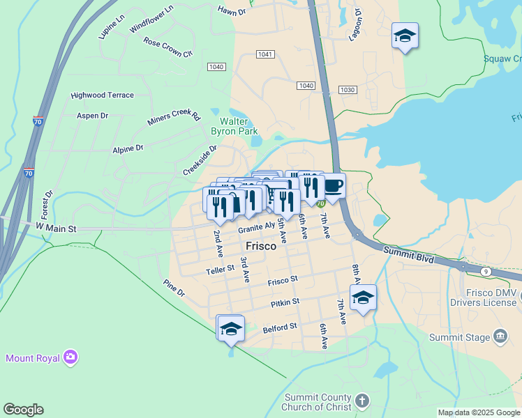 map of restaurants, bars, coffee shops, grocery stores, and more near 321 Main Street in Frisco