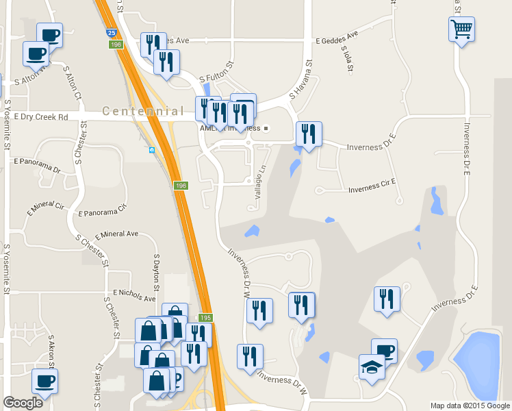 map of restaurants, bars, coffee shops, grocery stores, and more near 7884 Vallagio Lane in Englewood