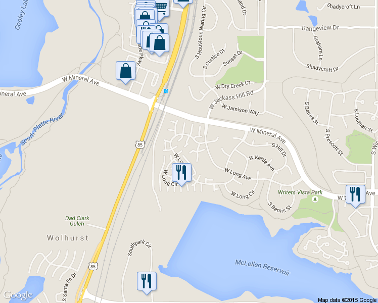 map of restaurants, bars, coffee shops, grocery stores, and more near 3001 West Long Court in Littleton