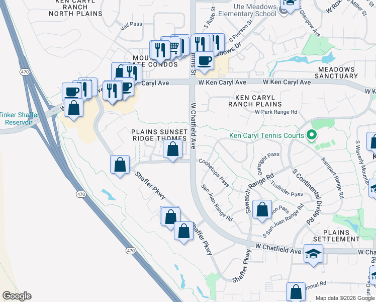 map of restaurants, bars, coffee shops, grocery stores, and more near 11613 West Elk Head Range Road in Littleton