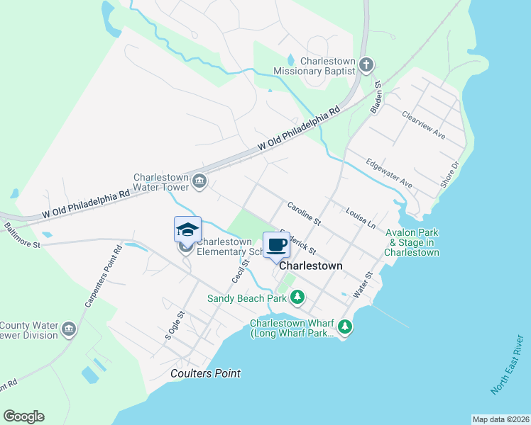 map of restaurants, bars, coffee shops, grocery stores, and more near 406 Frederick Street in North East