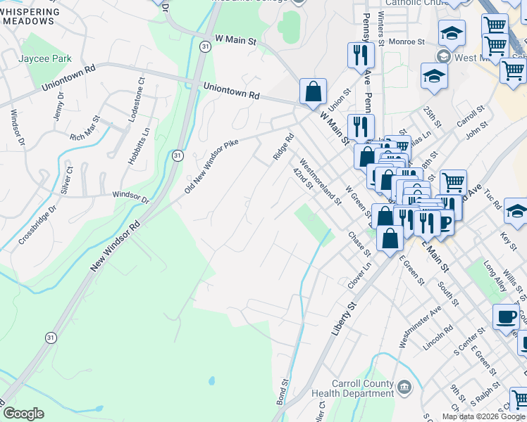 map of restaurants, bars, coffee shops, grocery stores, and more near 19 Ridge View Dr in Westminster