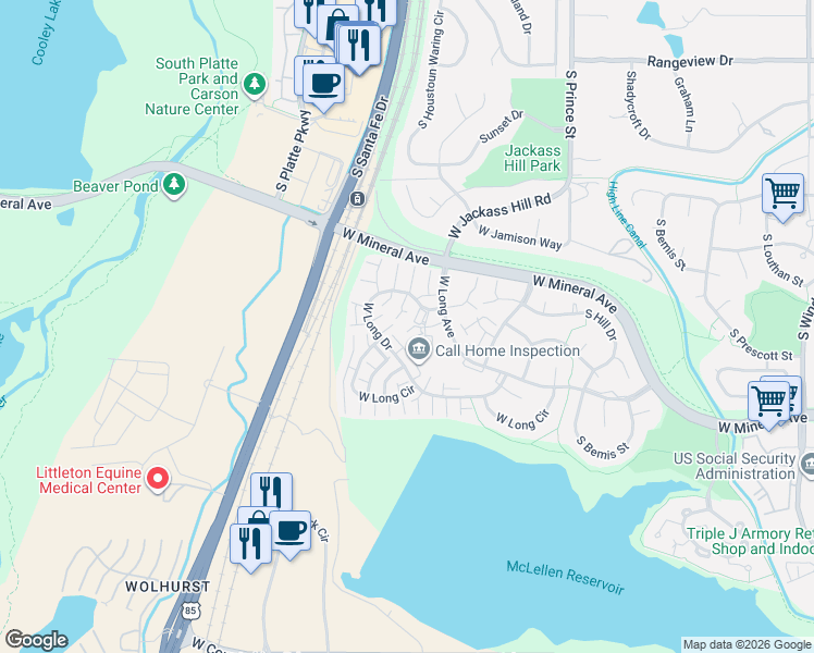 map of restaurants, bars, coffee shops, grocery stores, and more near 3001 West Long Court in Littleton