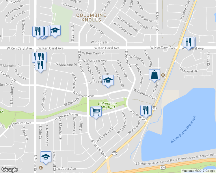 map of restaurants, bars, coffee shops, grocery stores, and more near 6005 West Canyon Avenue in Littleton