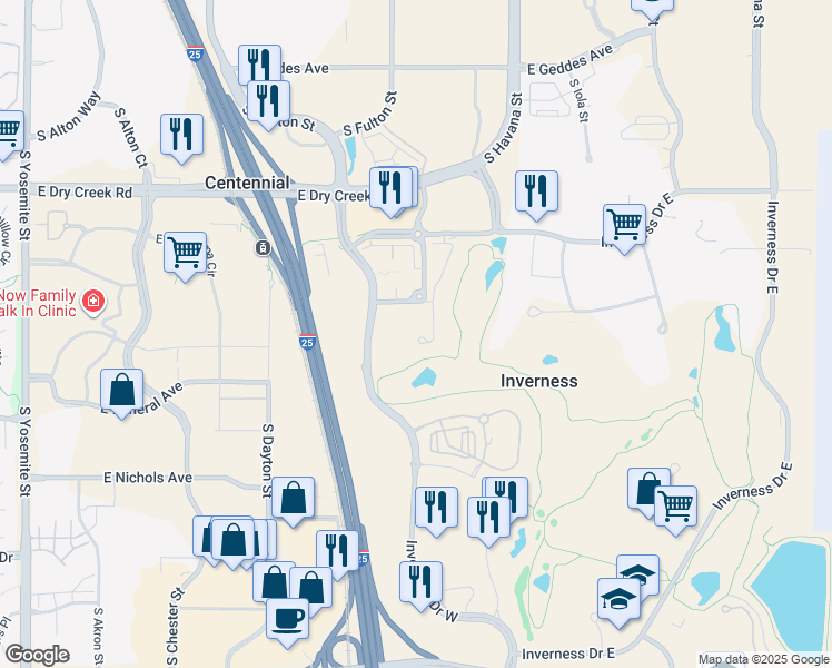 map of restaurants, bars, coffee shops, grocery stores, and more near 7893 Vallagio Lane in Englewood
