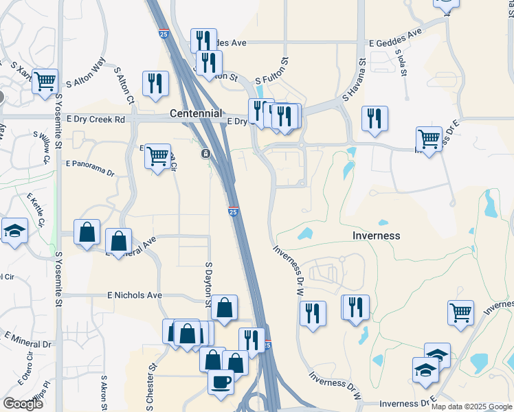 map of restaurants, bars, coffee shops, grocery stores, and more near 169 Inverness Drive West in Englewood