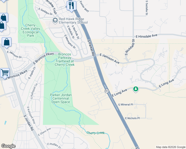 map of restaurants, bars, coffee shops, grocery stores, and more near 7711 South Parker Road in Centennial