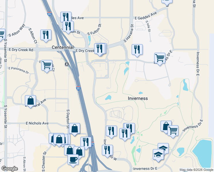 map of restaurants, bars, coffee shops, grocery stores, and more near 7893 Vallagio Lane in Englewood