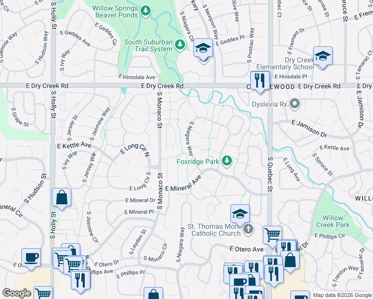 map of restaurants, bars, coffee shops, grocery stores, and more near 7835 South Niagara Way in Centennial