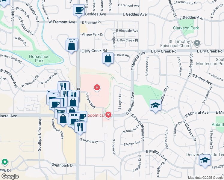 map of restaurants, bars, coffee shops, grocery stores, and more near 7831 South Logan Street in Littleton