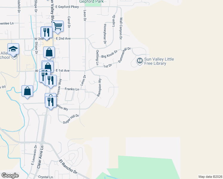 map of restaurants, bars, coffee shops, grocery stores, and more near 570 Llewellyn Road in Sun Valley