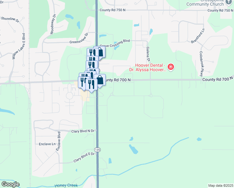 map of restaurants, bars, coffee shops, grocery stores, and more near 1629 County Road 700 N in Greenwood