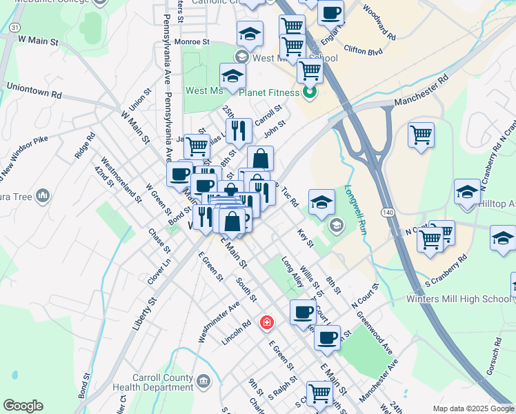 map of restaurants, bars, coffee shops, grocery stores, and more near 27 Railroad Avenue in Westminster
