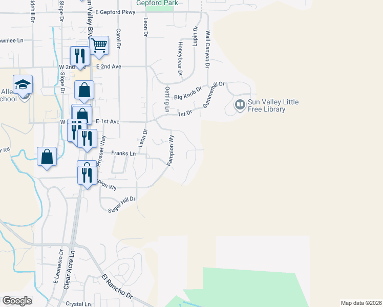 map of restaurants, bars, coffee shops, grocery stores, and more near 570 Llewellyn Road in Sun Valley