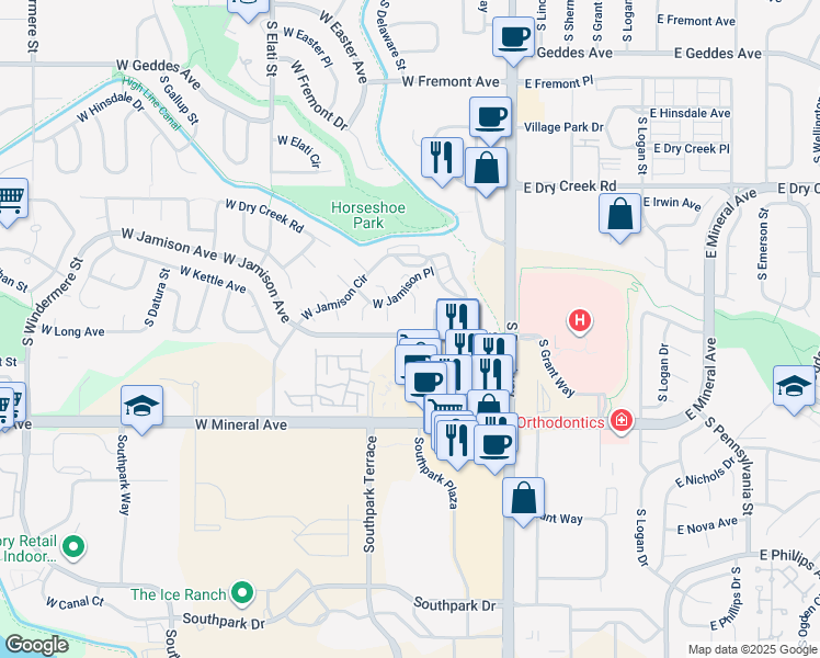 map of restaurants, bars, coffee shops, grocery stores, and more near 336 West Jamison Avenue in Littleton