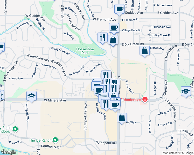 map of restaurants, bars, coffee shops, grocery stores, and more near 332 West Jamison Place in Littleton