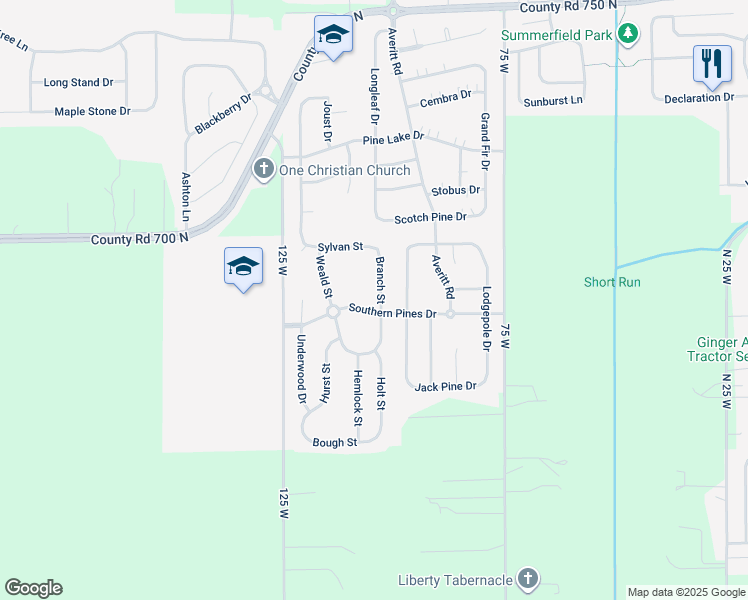 map of restaurants, bars, coffee shops, grocery stores, and more near 2986 Branch Street in Whiteland
