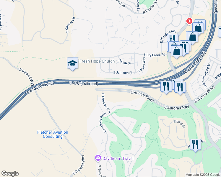 map of restaurants, bars, coffee shops, grocery stores, and more near 21971 East Canyon Place in Aurora