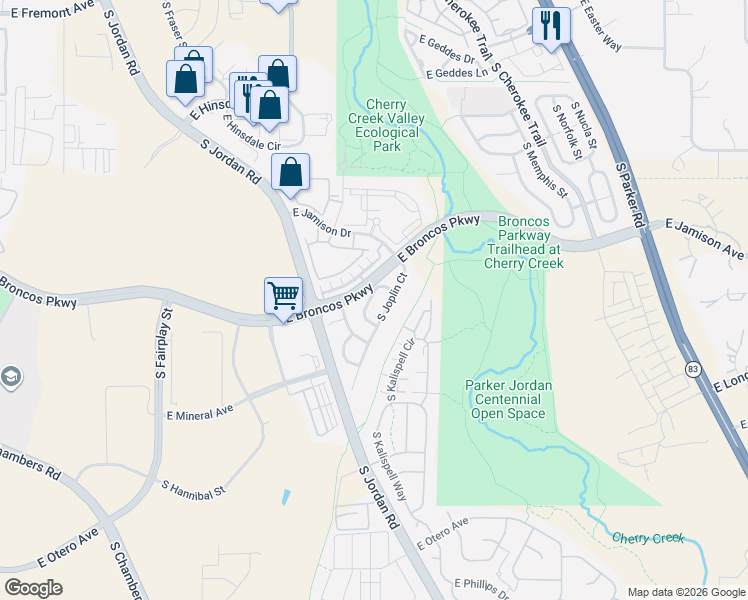 map of restaurants, bars, coffee shops, grocery stores, and more near 7769 South Joplin Way in Englewood