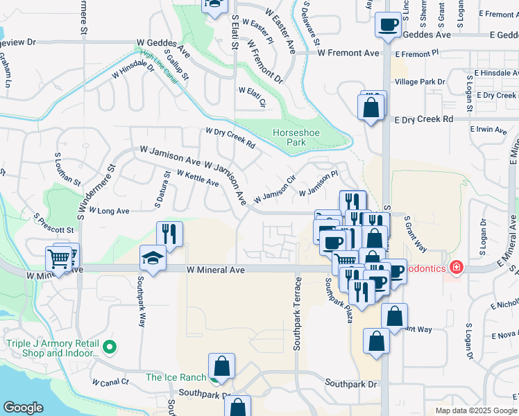 map of restaurants, bars, coffee shops, grocery stores, and more near 7800 South Elati Street in Littleton