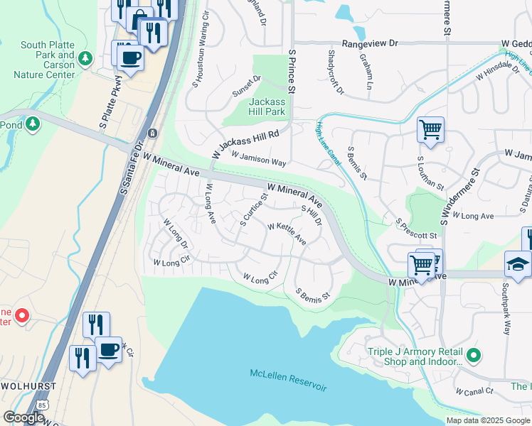 map of restaurants, bars, coffee shops, grocery stores, and more near 7744 South Nevada Drive in Littleton