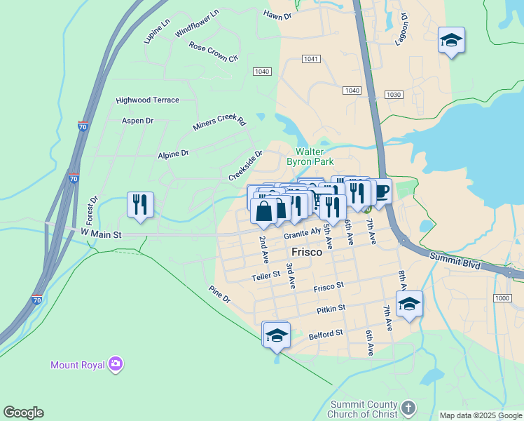 map of restaurants, bars, coffee shops, grocery stores, and more near 110 Galena Street in Frisco