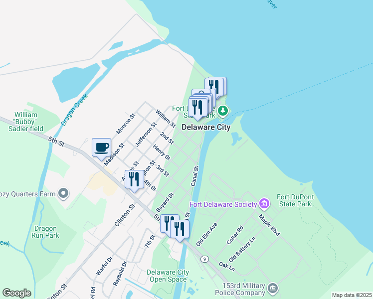 map of restaurants, bars, coffee shops, grocery stores, and more near 203 Clinton Street in Delaware City