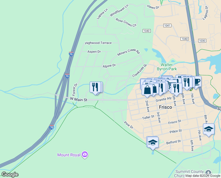 map of restaurants, bars, coffee shops, grocery stores, and more near 222 Creekside Drive in Frisco
