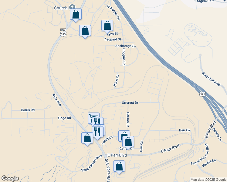 map of restaurants, bars, coffee shops, grocery stores, and more near 1484 Hagar Road in Reno