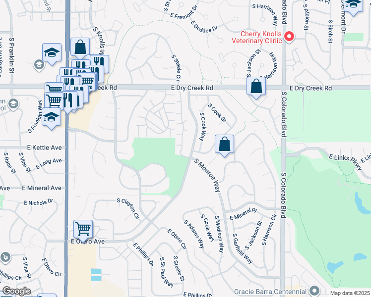 map of restaurants, bars, coffee shops, grocery stores, and more near 7788 South Steele Street in Centennial
