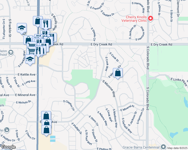 map of restaurants, bars, coffee shops, grocery stores, and more near 7788 South Steele Street in Centennial