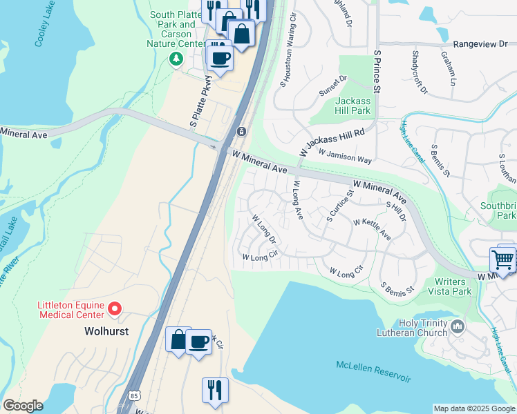 map of restaurants, bars, coffee shops, grocery stores, and more near 2941 West Long Drive in Littleton
