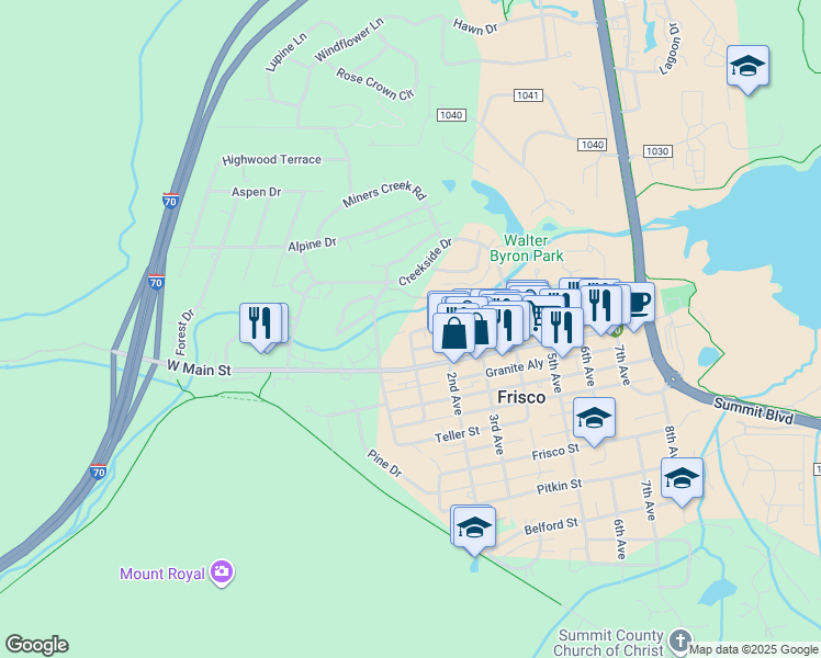 map of restaurants, bars, coffee shops, grocery stores, and more near 65 Galena Street in Frisco