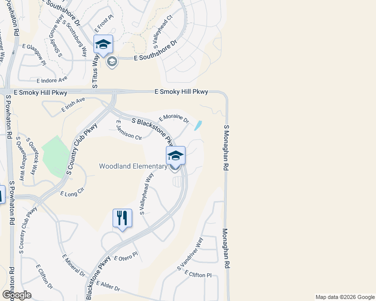 map of restaurants, bars, coffee shops, grocery stores, and more near 27770 East Links Place in Aurora