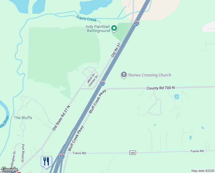map of restaurants, bars, coffee shops, grocery stores, and more near 7156 County Road 700 North in Greenwood