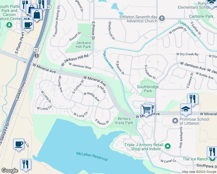 map of restaurants, bars, coffee shops, grocery stores, and more near West Mineral Avenue in Littleton