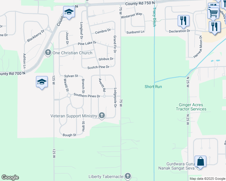 map of restaurants, bars, coffee shops, grocery stores, and more near 441 Pitch Pine Drive in Whiteland