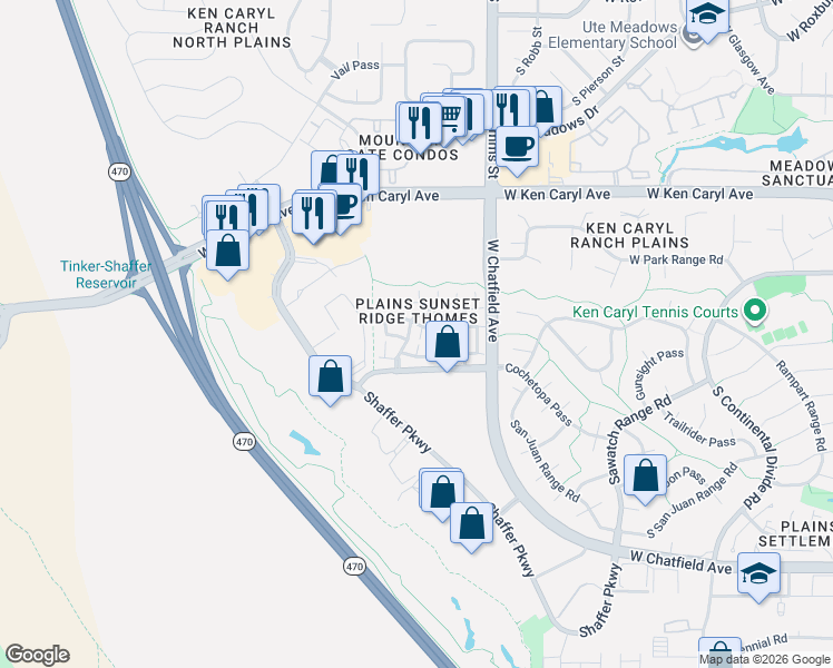 map of restaurants, bars, coffee shops, grocery stores, and more near 11822 West Elk Head Range Road in Littleton